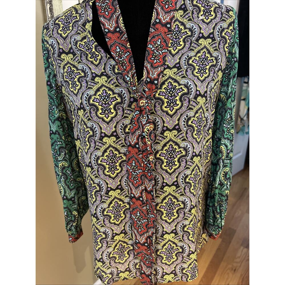 Alice and Olivia Sheila Paisley Long Sleeve Tie Front Blouse Top Sz XS New